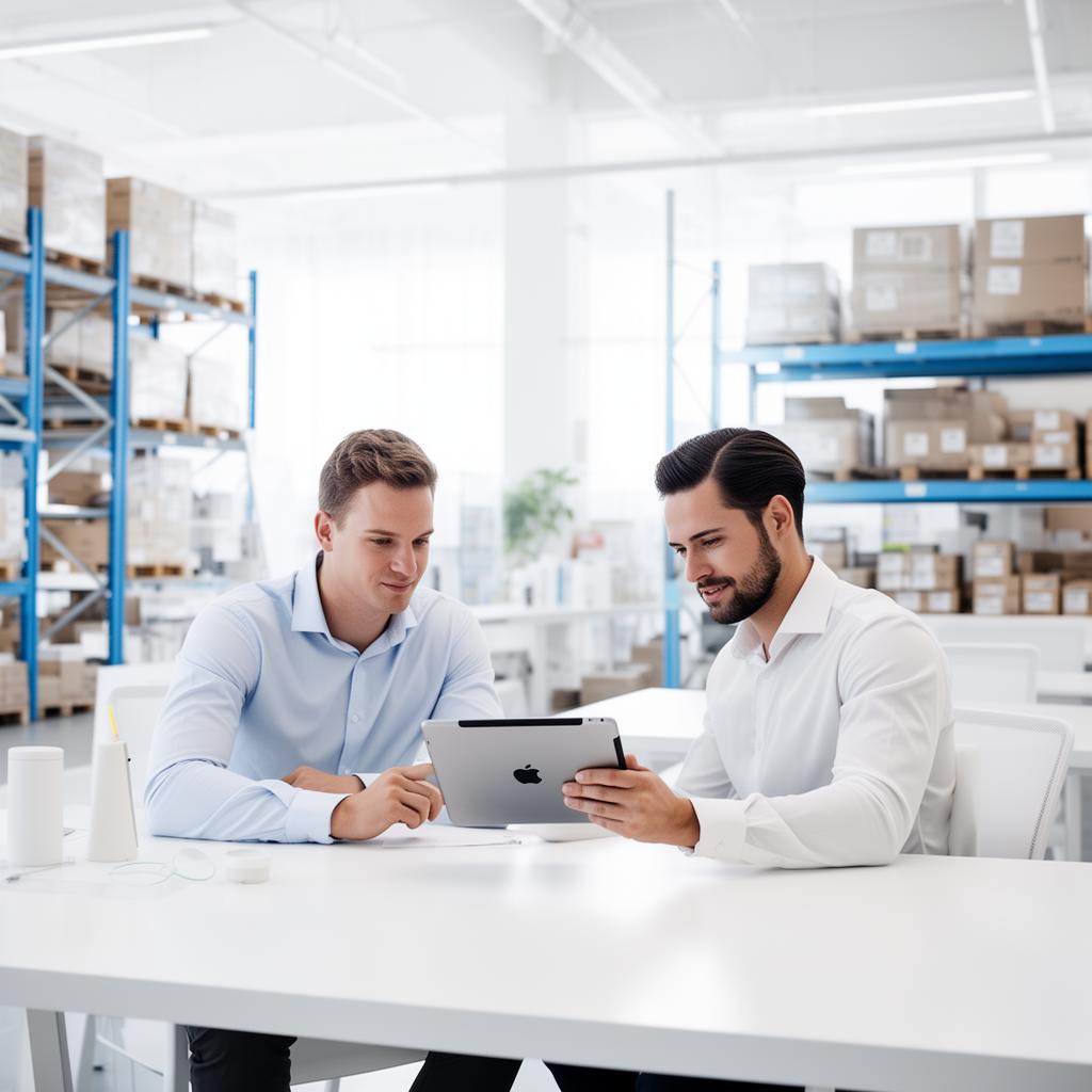 Business buyers reviewing products on a tablet in a modern warehouse office